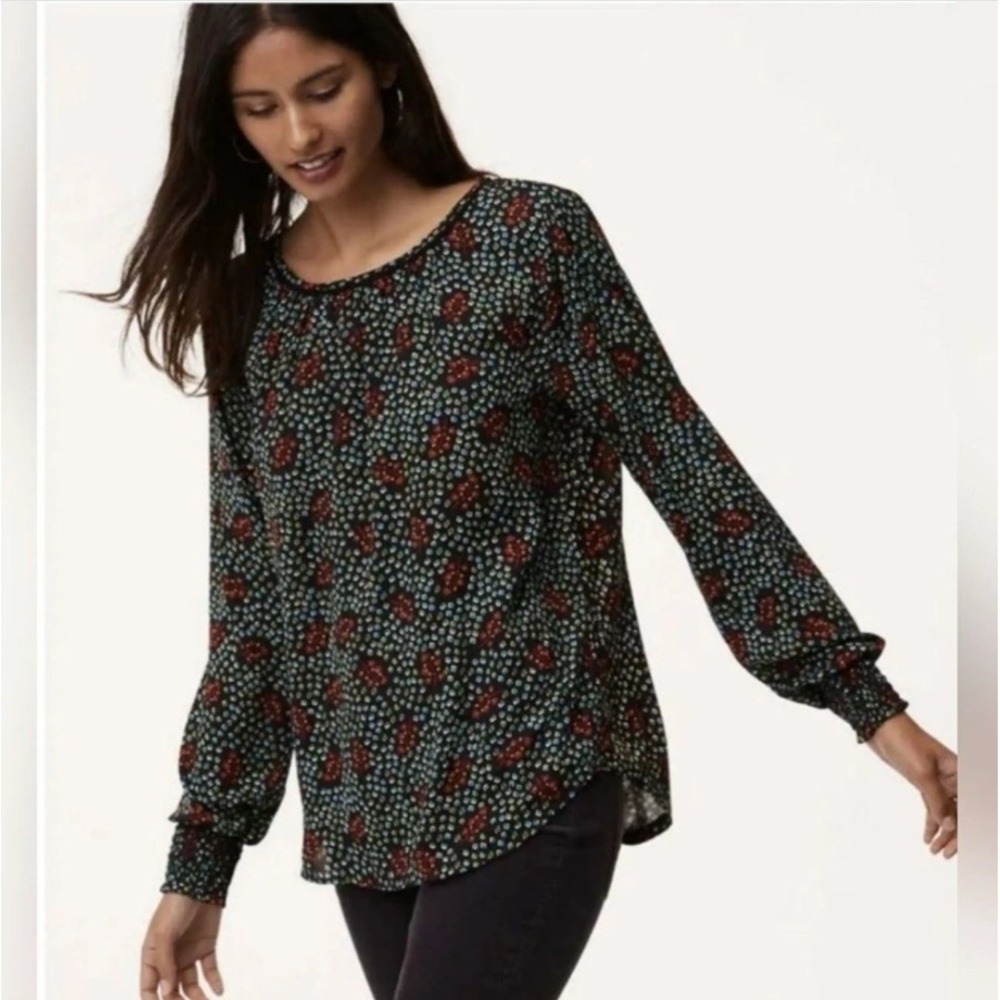 LOFT Blouse XXL Black Floral Abstract Smocked Cuff Long Sleeve Preppy Office